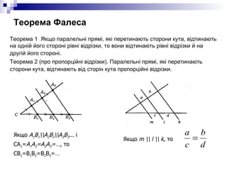 Теорема Фалеса <ul><li>Теорема 1  Якщо паралельні прямі, які перетинають сторони кута, відтинають на одній його стороні рі...