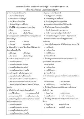 แบบทดสอบก่อนเรียน – หลังเรียน หน่ วยการเรี ยนรู้ ที่ 1 วิชา เทคโนโลยีสารสนเทศ ม.2
                            คาชี้แจง เขียนเครื่องหมาย x ลงในช่ องคาตอบทีถูกต้ อง
                                                                               ่
1. สื่ อนาเข้าข้อมูลมีหน้าที่อย่างไร                                 9. สัญญาณแอนะล็อกเป็ นอย่างไร
     ก. รับข้อมูลที่ส่งมาจากผูส่ง
                               ้                                          ก. เป็ นสัญญาณแบบไม่ต่อเนื่อง
     ข. เป็ นตัวกลางในการส่ งข้อมูล                                       ข. มีลกษณะเป็ นรู ปกราฟคลื่นไซน์
                                                                                  ั
     ค. เป็ นวิธีในการสื่ อการข้อมูล                                      ค. ต้องแปลงข้อมูลให้เป็ นสัญญาณดิจิทล   ั
     ง. ส่ งข้อมูลไปยังจุดหมายที่ตองการ
                                      ้                                   ง. สัญญาณมีการเปลี่ยนแปลงแบบไม่ปะติดปะต่อ
2. ข้อใด ไม่ ใช่ องค์ประกอบของการสื่ อสารข้อมูล                      10. ข้อใดเป็ นลักษณะสาคัญของสัญญาณดิจิทล         ั
     ก. ข้อมูล                   ข. ระยะเวลา                                                      ่
                                                                          ก. ต้องแปลงข้อมูลให้อยูในรู ปเลขฐานสอง
     ค. โพรโทคอล                 ง. สื่ อนาเข้าข้อมูล                     ข. ต้องวัดจานวนรอบความถี่ของคลื่นใน 1 วินาที
3. “เคนชมรายการทางโทรทัศน์ยบีซี” จากข้อความนี้ขอใดคือ
                                          ู                   ้           ค. มีอุปกรณ์ทวนสัญญาณที่สามารถกรองสัญญาณรบกวน
สื่ อนาเข้าข้อมูล                                                         ง. มีความสามารถในการผลิตคลื่นสัญญาณมากกว่า
     ก. ดาวเทียม                 ข. โทรทัศน์                         100 ล้านรอบ
     ค. โทรศัพท์                 ง. สายเคเบิล                        11. “มีฉนวนหุ มข้อมูลหลายชั้น ทาให้ป้องกันสัญญาณรบกวนได้”
                                                                                       ้
4. “ผูส่งและผูรับทาการตกลงวิธีการสื่ อสารให้เข้าใจตรงกัน”
        ้         ้                                                       ก. สายคู่บิดเกลียว
ข้อความนี้หมายถึงข้อใด                                                    ข. สายโคแอกเชียล
     ก. ผูส่งข้อมูล
           ้                     ข. ผูรับข้อมูล
                                        ้                                 ค. สายไฟฟ้ าแรงสูง
     ค. โพรโทคอล                 ง. สื่ อนาเข้าข้อมูล                     ง. สายใยแก้วนาแสง
5. การฟังเพลงจัดเป็ นการส่ งข้อมูลแบใด                               12. สื่ อนาข้อมูลแบบมีสายที่มีส่วนประกอบเป็ นทองแดง เป็ น
     ก. การส่ งข้อมูลทางเดียว                                        คุณสมบัติของตัวกลางประเภทใด
     ข. การส่ งข้อมูลสองทิศทางสลับกัน                                     ก.สายคู่บิดเกลียว
     ค. การส่ งข้อมูลทิศทางเดียวสลับกัน                                   ข. สายโคแอกเซี ยล
     ง. การส่ งข้อมูลสองทิศทางพร้อมกัน                                    ค. สายไฟฟ้ าแรงสูง
6. การส่ งข้อมูลทิศทางเดียวมีลกษณะอย่างไร
                                    ั                                     ง. สายใยแก้วนาแสง
     ก. ส่ งและรับข้อมูลโดยไม่ได้โต้ตอบกัน                           13. ข้อใดเป็ นสื่ อนาข้อมูลแบบมีสายที่จาเป็ นต้องเดินสายใส่ ท่อลง
     ข. ส่ งและรับข้อมูลโดยสามารถโต้ตอบกันได้ทนที          ั         ใต้ดิน
     ค. ส่ งและรับข้อมูลโดยจะโต้ตอบกันทางโทรศัพท์                         ก.สายคู่บิดเกลียว          ข. สายโคแอกเซี ยล
     ง. ส่ งและรับข้อมูลโดยไม่สามารถโต้ตอบกันได้ในเวลา                    ค. สายไฟฟ้ าแรงสูง         ง. สายใยแก้วนาแสง
เดียวกัน                                                             14. สื่ อนาข้อมูลไร้สายประเภทใดที่มีลกษณะการส่ งสัญญาณ
                                                                                                              ั
7. ข้อใดจัดเป็ นการส่ งข้อมูลสองทิศทางพร้อมกัน                       ต่อเนื่องเป็ นช่วงๆ
     ก. การใช้วิทยุสื่อสาร                  ข. การสนทนาออนไลน์            ก. สัญญาณวิทยุ             ข. แสงอินฟราเรด
     ค. การชมภาพยนตร์วีซีดี               ง. การเรี ยนผ่านดาวเทียม        ค. ระบบไมโครเวฟ           ง. การสื่ อสารผ่านดาวเทียม
 8. การรับส่ งข้อมูลที่ไม่สามารถโต้ตอบกันในเวลาเดียวกัน              15. สื่ อนาข้อมูลไร้สายประเภทใดที่ใช้อากาศเป็ นตัวกลางในการ
จัดเป็ นการส่ งข้อมูลแบบใด                                           สื่ อสาร
     ก. การส่ งข้อมูลทางเดียว                                             ก. สัญญาณวิทยุ            ข. แสงอินฟราเรด
     ข. การส่ งข้อมูลสองทิศทางสลับกัน                                     ค. ระบบไมโครเวฟ           ค. ถูกทั้งข้อ ก. และ ค.
     ค. การส่ งข้อมูลทิศทางเดียวสลับกัน
     ง. การส่ งข้อมูลสองทิศทางพร้อมกัน
 