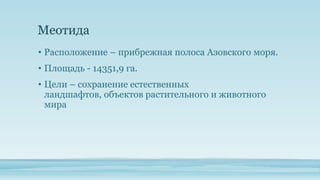 Меотида
• Расположение – прибрежная полоса Азовского моря.

• Площадь - 14351,9 га.
• Цели – сохранение естественных
ландшафтов, объектов растительного и животного
мира

 