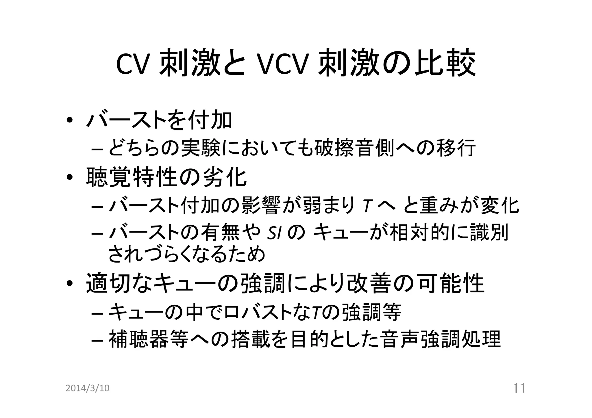 CV	
  刺激と VCV	
  刺激の比較 	
•  バーストを付加	
  
–  どちらの実験においても破擦音側への移行	
  

•  聴覚特性の劣化	
  
–  バースト付加の影響が弱まり T	
  へ と重みが変化	
  
–  バーストの有無や SI	
  の キューが相対的に識別	
  
されづらくなるため	
  

•  適切なキューの強調により改善の可能性	
  
–  キューの中でロバストなTの強調等	
  
–  補聴器等への搭載を目的とした音声強調処理	
  
2014/3/10	

11	

 