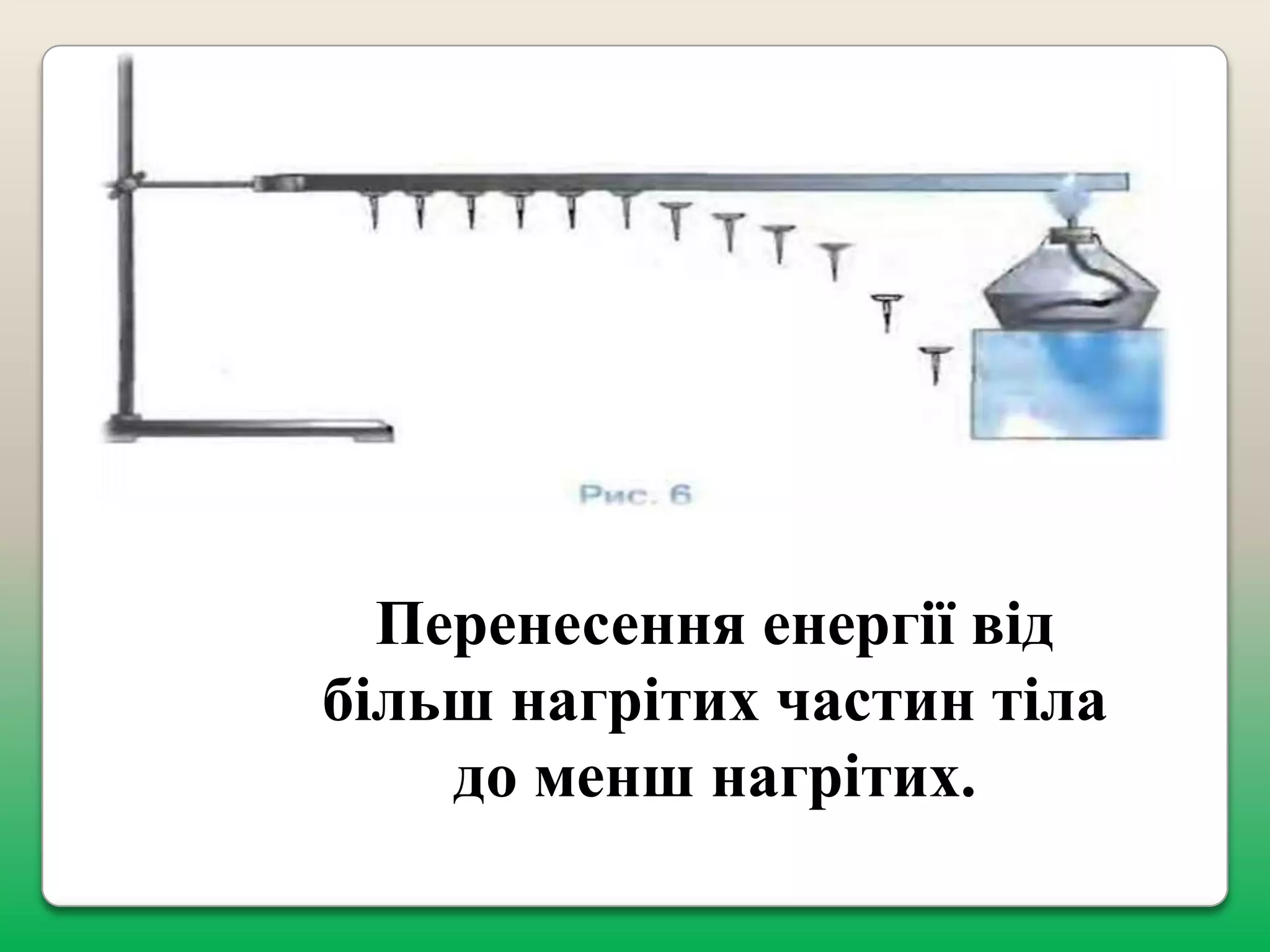Перенесення енергії від
більш нагрітих частин тіла
до менш нагрітих.

 