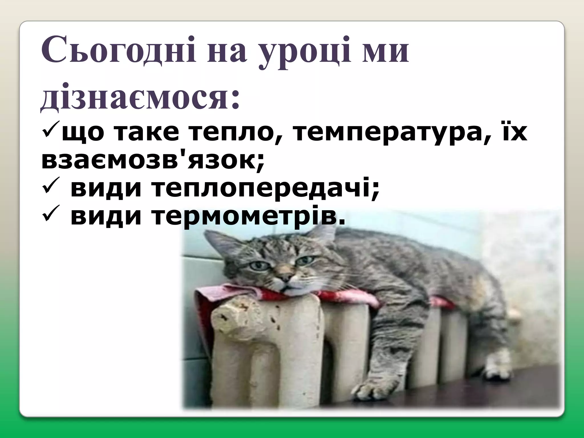 Сьогодні на уроці ми
дізнаємося:

що таке тепло, температура, їх
взаємозв'язок;
 види теплопередачі;
 види термометрів.

 