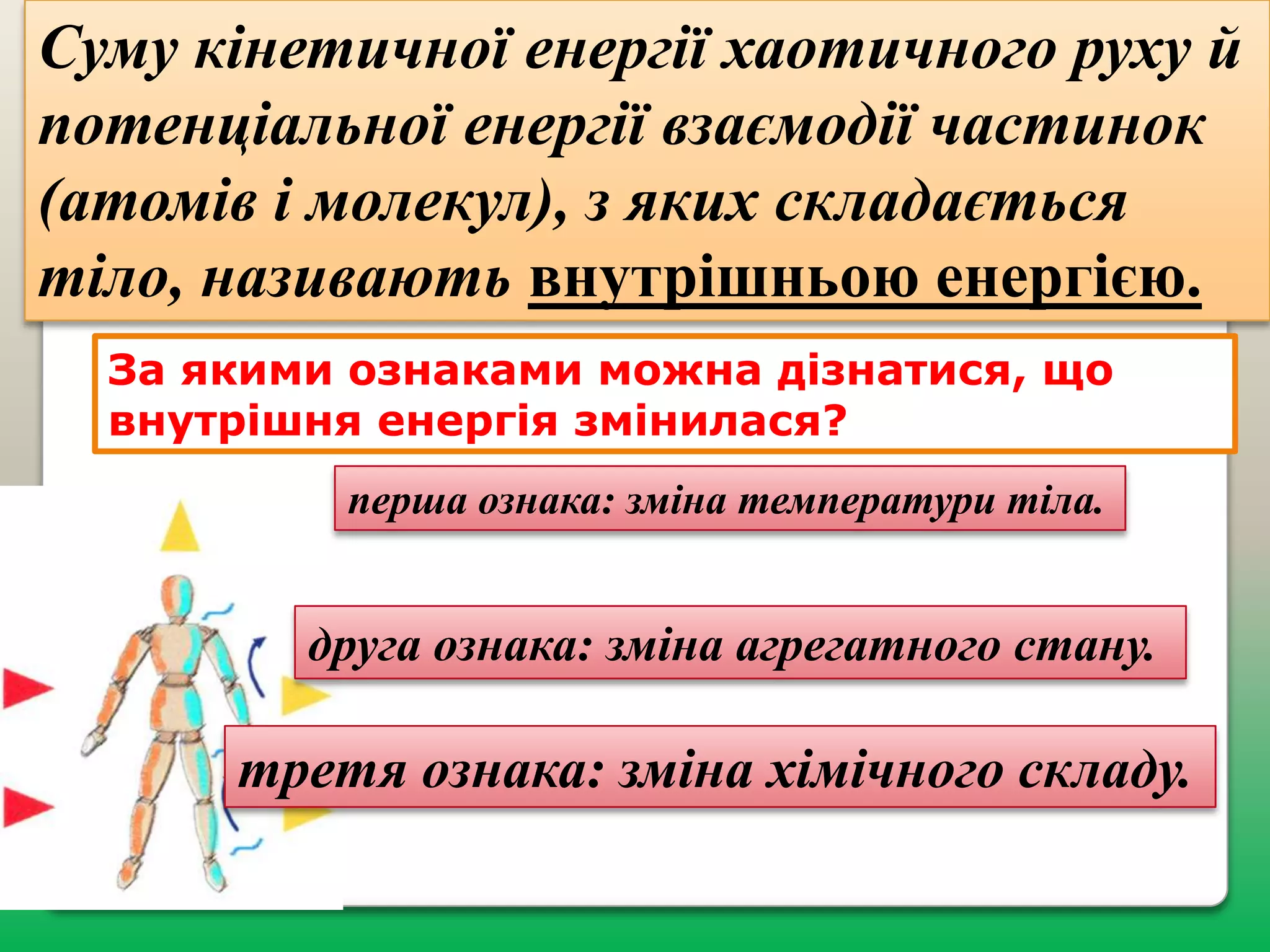 Суму кінетичної енергії хаотичного руху й
потенціальної енергії взаємодії частинок
(атомів і молекул), з яких складається
тіло, називають внутрішньою енергією.
За якими ознаками можна дізнатися, що
внутрішня енергія змінилася?
перша ознака: зміна температури тіла.

друга ознака: зміна агрегатного стану.

третя ознака: зміна хімічного складу.

 