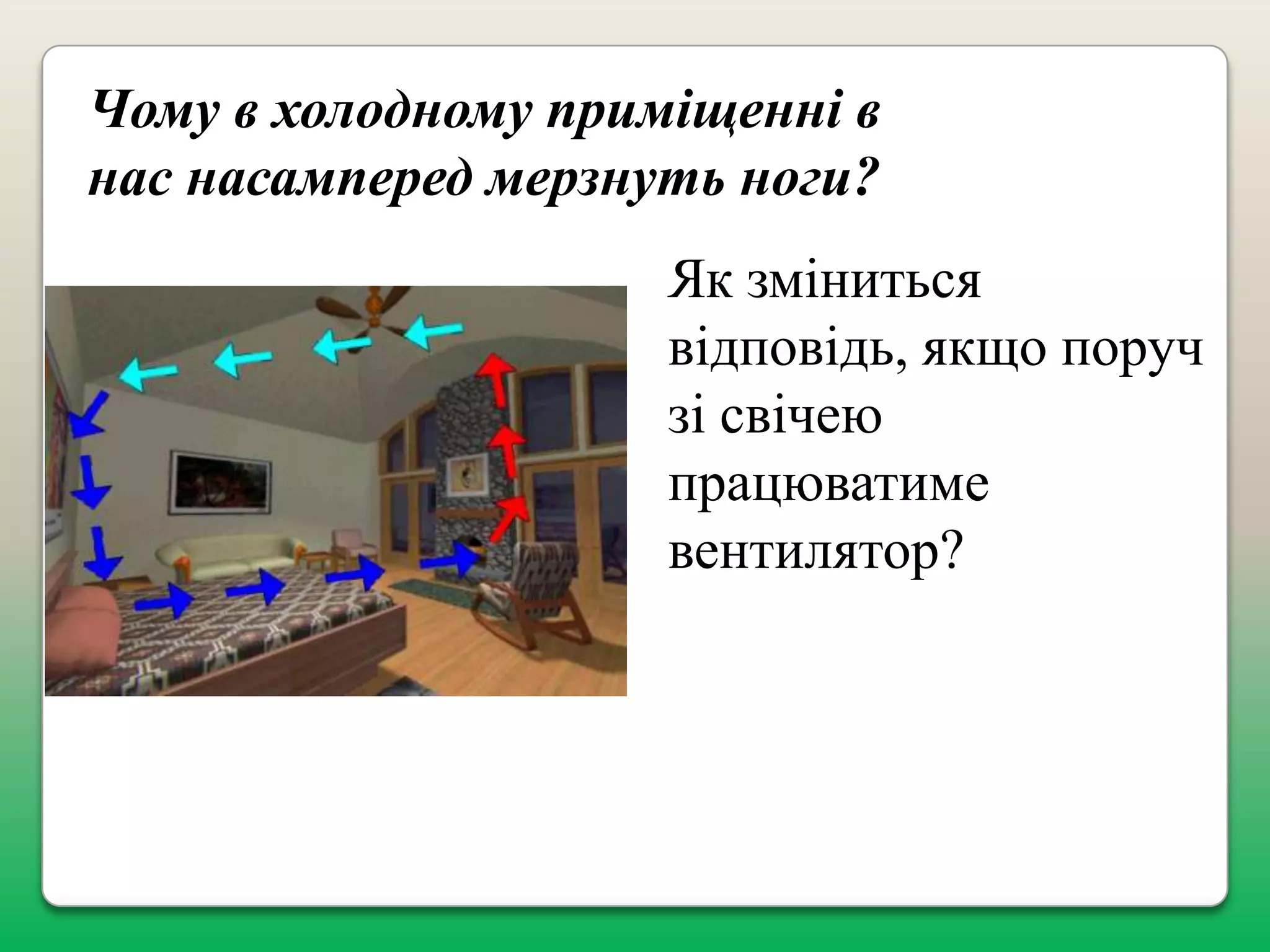 Чому в холодному приміщенні в
нас насамперед мерзнуть ноги?

Як зміниться
відповідь, якщо поруч
зі свічею
працюватиме
вентилятор?

 