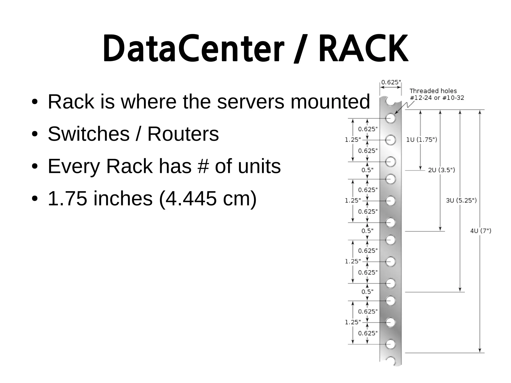 DataCenter / RACK
● Rack is where the servers mounted
● Switches / Routers
● Every Rack has # of units
● 1.75 inches (4.445 cm)
 
