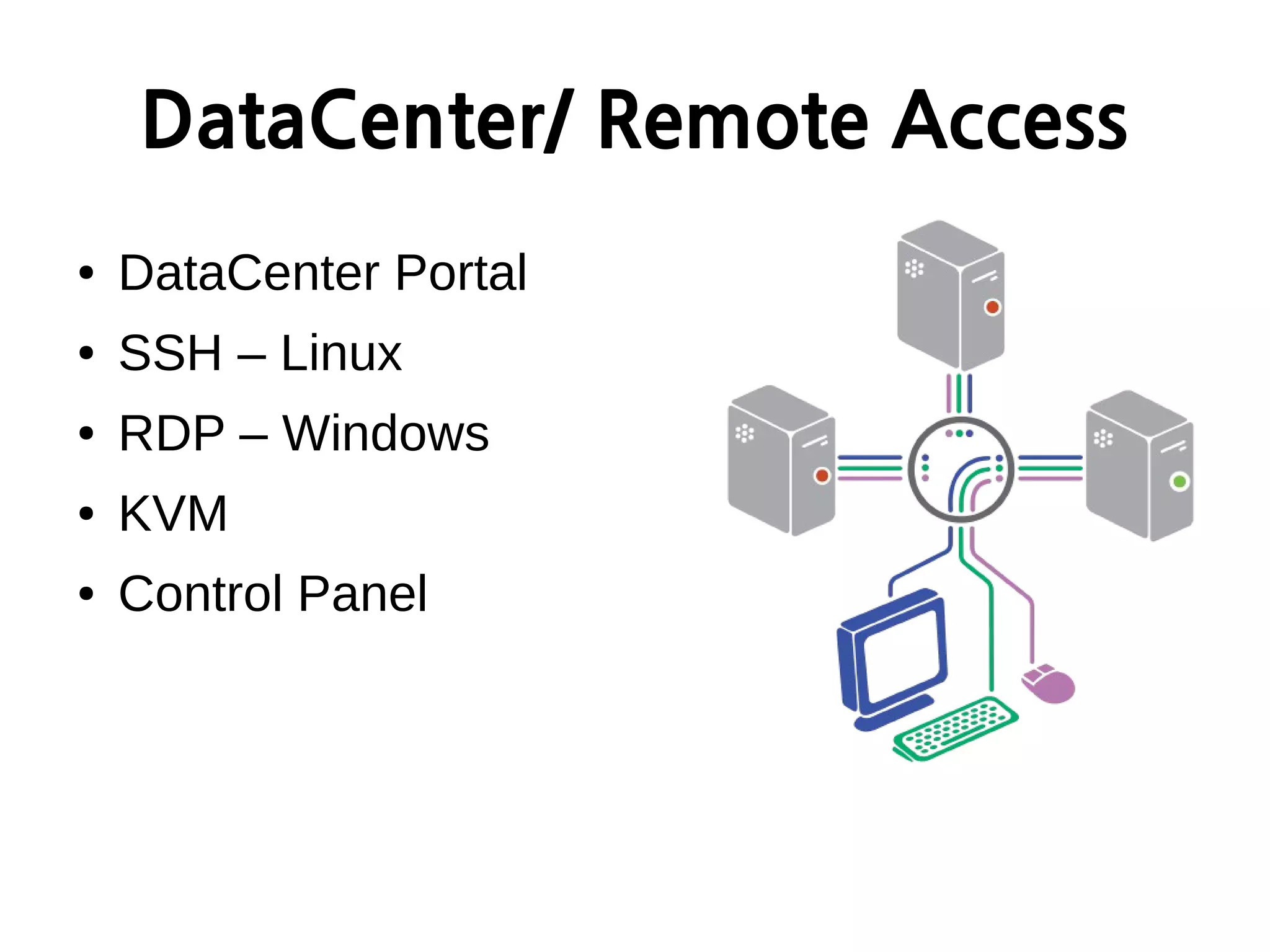 DataCenter/ Remote Access
● DataCenter Portal
● SSH – Linux
● RDP – Windows
● KVM
● Control Panel
 