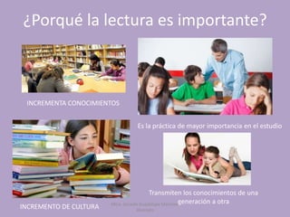 ¿Porqué la lectura es importante?
INCREMENTA CONOCIMIENTOS
Es la práctica de mayor importancia en el estudio
INCREMENTO DE CULTURA
Transmiten los conocimientos de una
generación a otraMtra. Zoraida Guadalupe Martínez
Alvarado
 
