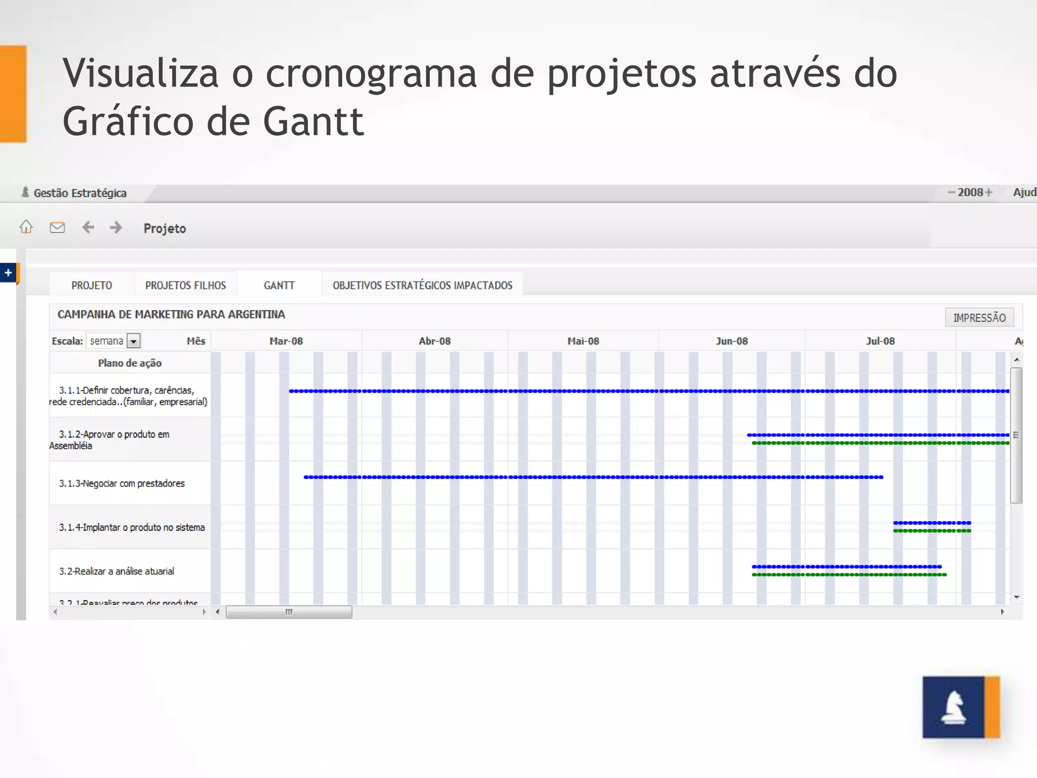 Visualiza o cronograma de projetos através do
Gráfico de Gantt
 