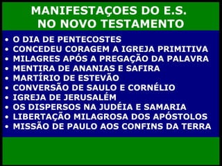 MANIFESTAÇOES DO E.S.  NO NOVO TESTAMENTO O DIA DE PENTECOSTES CONCEDEU CORAGEM A IGREJA PRIMITIVA MILAGRES APÓS A PREGAÇÃO DA PALAVRA MENTIRA DE ANANIAS E SAFIRA MARTÍRIO DE ESTEVÃO CONVERSÃO DE SAULO E CORNÉLIO IGREJA DE JERUSALÉM OS DISPERSOS NA JUDÉIA E SAMARIA LIBERTAÇÃO MILAGROSA DOS APÓSTOLOS MISSÃO DE PAULO AOS CONFINS DA TERRA 