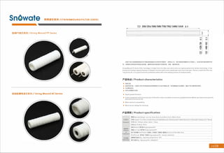 (1) 250/254/500/508/750/762/1000/1016 士1
线绕PP滤芯系列/ String Wound PP Series
线绕脱脂棉滤芯系列/ String Wound AC Series
。
I
廿
0
E
/
8
Z
0
(
Z
)
I
廿
Z
9
-
0
9
0
(
8
)
线绕PP滤芯／线绕脱脂棉滤芯系列是深层线绕滤芯采用纺织纤维粗纱，按特定工艺 ， 将纱线紧密地缠绕在多孔骨架上 ， 形成外疏内密的蜂窝状结
构， 使得滤芯具有良好的深层过滤效果，能够有效地去除液体中的悬浮物 、 铁锈｀ 颗粒等杂质．
String Wound PP Series Filter Cartridges is made from fine fiber yarn and comes out special patterns by certain technology .It has
strong dirt holding capacity because of deepth structure with loose outside part and close inner part. And as a result the filter has
long servie life. It is a good choice for prefitration before RO in the making process of ultrapure water
产品特点/ Product characteristics
• 深层过滤．
• 结构外疏内密， 孔隙由大到小的深层滤材结构使得滤芯可以进行梯度过滤， 有效截留更多杂质颗粒， 增加了纳污
• 化学兼容性好．
• 多种过滤精度可选择．
和使用寿命．
• Depth graded filtration
• Loose outside part and close inner part of the filter comes out depth structure for graded filtration Which can retain more particles
and extend the service life.
• Wide chemical compatib山ty
• Much micron ratings for choosing
产品规格/ Product specification
产品尺寸
Dimension
结构材料
Material
of
Constructions
技术性能
Performance
［精度/Re moval Rating]: 1um,Sum, 10um,20um,2Sum,50um,7Sum,1OOum,1SOum
［长度/length): 5飞127mm),10'( 250/ 254mm),20"(500/508mm),30飞750/762mm),40飞1000/1016mm),50飞1270mm),60"(1524mm),70飞1778mm)
［外径/OD]: 0 60mm, 62mm, 68mm, 114mm
［内径/ID): 0 28mm, 30mm
［滤材/Media]聚丙烯/Polypropylene(PP )
［端盖/End cap]聚丙烯/Polypropylene(PP)
［垫片虑封圈/Seal /Gasket]硅橡胶乙丙橡胶丁晴橡胶氮橡胶/S山con e,EPDM, NBR, Viton
［中心杆/Core] 聚丙烯， 不锈钢/Polypropylene(PP), Stainless Steel(SUS )
［最高操作温度/Max.Operating te mperature): 60°
C
［最大压差/Max. Ope rating DP]: 2.0Bar@25°
C
＿
线绕滤芯系列/STRINGWOUND FILTER SERIES
 