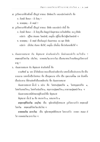 ปั ญ ห า - เ ฉ ล ย วิ ช า บ า ลี ไ ว บ า ก ร ณ์ ป ร ะ โ ย ค ๑ – ๒ | ๑๐๕
๕. รูปวิเคราะห์ข้างท้ายนี้ เป็นรูป สาธนะ ปัจจัยอะไร และแปลว่าอย่างไร คือ
ก. ภิกฺขติ สีเลนา - ติ ภิกฺขุ ?
ข. ทาตพฺพนฺ - ติ เทยฺย ?
๕. รูปวิเคราะห์ข้างท้ายนี้ เป็นรูป สาธนะ ปัจจัย และแปลว่า ดังนี้ คือ
ก. ภิกฺขติ สีเลนา - ติ ภิกฺขุ เป็น กัตตุรูป กัตตุสาธนะ ลงในตัสสีละ ลง รู ปัจจัย
แปลว่า (ผู้ใด) ย่อมขอ โดยปกติ, เหตุนั้น (ผู้นั้น) ชื่อว่าผู้ขอโดยปกติ ฯ
ข. ทาตพฺพนฺ - ติ เทยฺย เป็นกัมมรูป กัมมสาธนะ ลง ณฺย ปัจจัย
แปลว่า (สิ่งใด) อันเขา พึงให้, เหตุนั้น (สิ่งนั้น) ชื่อว่าอันเขาพึงให้ ฯ
๖. กัมมธารยสมาส กับ ทิคุสมาส ต่างกันอย่างไร มีอย่างละเท่าไร อะไรบ้าง ?
สพฺพรตฺติโสภโณ (จันโท), อาคตสมโณ (อาราโม) เป็นสมาสอะไรจงเขียนรูปวิเคราะห์
มาดู ?
๖. กัมมธารยสมาส กับ ทิคุสมาส ต่างกันดังนี้ คือ
นามศัพท์ ๒ บท มีวิภัตติและวจนะเป็นอย่างเดียวกัน บทหนึ่งเป็นประธาน คือ เป็น
นามนาม บทหนึ่งเป็นวิเสสนะ คือ เป็นคุณนาม หรือ เป็น คุณนามทั้ง๒ บท มีบทอื่น
เป็นประธาน ที่ท่านย่อเข้าเป็นบทเดียวกัน ชื่อ กัมมธารยสมาส
กัมมธารยสมาส นั้น มี ๖ อย่าง คือ วิเสสนปุพฺพปโท ๑, วิเสสนุตฺตรปโท ๑,
วิเสสโนภยปโท ๑, วิเสสโนปมปโท ๑, สมฺภาวนปุพฺพปโท ๑, อวธารณปุพฺพปาโท ๑ ฯ
กัมมธารยสมาสมีสังขยาอยู่ข้างหน้าชื่อ ทิคุสมาส
ทิคุสมาส นั้น มี ๒ คือ สมาหาโร ๑, อสมาหาโร ๑
สพฺพรตฺติโสภโณ (จนฺโท) เป็น ทุติยาตัปปุริสสมาส รูปวิเคราะห์ว่า สพฺพรตฺตึ
โสภโณ สพฺพรตฺติโสภโณ (จันโท) ฯ
อาคตสมโณ (อาราโม) เป็น ทุติยาพหุพพิหิสมาส วิเคราะห์ว่า อาคตา สมณา ย
โส อาคตสมโณ (อาราโม) ฯ
 