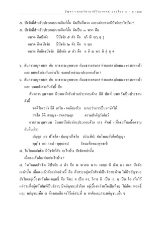 ปั ญ ห า - เ ฉ ล ย วิ ช า บ า ลี ไ ว บ า ก ร ณ์ ป ร ะ โ ย ค ๑ – ๒ | ๑๑๗
๕. ปัจจัยที่สาหรับประกอบนามกิตก์นั้น จัดเป็นกี่พวก และแต่ละพวกมีปัจจัยอะไรบ้าง ?
๕. ปัจจัยที่สาหรับประกอบนามกิตก์นั้น จัดเป็น ๓ พวก คือ
หมวด กิตปัจจัย มีปัจจัย ๕ ตัว คือ กฺวิ ณี ณฺวุ ตุ รู
หมวด กิจจปัจจัย มีปัจจัย ๒ ตัว คือ ข ณฺย
หมวด กิตกิจจปัจจัย มีปัจจัย ๗ ตัว คือ อ อิ ณ ตเว ติ ตุ ยุ ฯ
๖. สัมภาวนบุพพบท กับ อวธารณบุพพบท กัมมธารยสมาส ท่านแสดงลักษณะของบทหน้า
และ บทหลังต่างกันอย่างไร จงยกตัวอย่างมาประกอบด้วย ?
๖. สัมภาวนบุพพบท กับ อวธารณบุพพบท กัมมธารยสมาส ท่านแสดงลักษณะของบทหน้า
และ บทหลังต่างกันดังนี้ คือ
สัมภาวนบุพพบท มีบทหน้าอันท่านประกอบด้วย อิติ ศัพท์ บทหลังเป็นประธาน
ดังนี้
ขตฺติโย (อห) อิติ มาโน - ขตฺติยมาโน มานะว่า (เราเป็น) กษัตริย์
สตฺโต อิติ สญฺญา - สตฺตสญฺญา ความสาคัญว่าสัตว์
อวธารณบุพพบท มีบทหน้าอันท่านประกอบด้วย เอว ศัพท์ (เพื่อจะห้ามเนื้อความ
อันอื่นเสีย)
ปญฺญา เอว ปโชโต - ปญฺญาปโชโต (ประทีป) อันโพลงทั่วคือปัญญา
พุทฺโธ เอว รตน - พุทฺธรตน รัตนะคือพระพุทธเจ้า
๗. ในโคตตตัทธิต มีปัจจัยกี่ตัว อะไรบ้าง ปัจจัยเหล่านั้น
เมื่อลงแล้วต้องทาอย่างไรบ้าง ?
๗. ในโคตตตัทธิต มีปัจจัย ๘ ตัว คือ ณ ณายน ณาน เณยฺย ณิ ณิก ณว เณร ปัจจัย
เหล่านั้น เมื่อลงแล้วต้องทาอย่างนี้ คือ ถ้าสระอยู่หน้าศัพท์เป็นรัสสะล้วน ไม่มีพยัญชนะ
สังโยคอยู่เบื้องหลังต้องพฤทธิ์ คือ ทีฆะ อ เป็น อา, วิการ อิ เป็น เอ, อุ เป็น โอ เว้นไว้
แต่สระที่อยู่หน้าศัพท์เป็นรัสสะ มีพยัญชนะสังโยค อยู่เบื้องหลังหรือเป็นทีฆะ ไม่ต้อง พฤทธิ์
และ พยัญชนะคือ ณ ต้องลบเสีย คงไว้แต่สระที่ ณ อาศัยและสระพยัญชนะอื่น ๆ
 