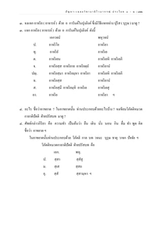 ปั ญ ห า - เ ฉ ล ย วิ ช า บ า ลี ไ ว บ า ก ร ณ์ ป ร ะ โ ย ค ๑ – ๒ | ๑๒๒
๓. จงแจก อาจริย ( อาจารย์) ด้วย อ การันต์ในปุงลิงค์ ซึ่งมีวิธีแจกอย่าง ปุริส ( บุรุษ ) มาดู ?
๓. แจก อาจริย ( อาจารย์) ด้วย อ การันต์ในปุงลิงค์ ดังนี้
เอกวจน พหุวจน
ป. อาจริโย อาจริยา
ทุ. อาจริย อาจริเย
ต. อาจริเยน อาจริเยหิ อาจริเยภิ
จ. อาจริยสฺส อาจริยาย อาจริยตฺถ อาจริยาน
ปญฺ. อาจริยสฺมา อาจริยมฺหา อาจริยา อาจริเยหิ อาจริเยภิ
ฉ. อาจริยสฺส อาจริยาน
ส. อาจริยสฺมึ อาจริยมฺหิ อาจริเย อาจริเยสุ
อา. อาจริย อาจริยา ฯ
๔. อะไร ชื่อว่าอาขยาต ? ในอาขยาตนั้น ท่านประกอบด้วยอะไรบ้าง ? จงเขียนวิภัตติหมวด
กาลาติปัตติ ฝ่ายปรัสบท มาดู ?
๔. ศัพท์กล่าวกิริยา คือ ความทา เป็นต้นว่า ยืน เดิน นั่ง นอน กิน ดื่ม ทา พูด คิด
ชื่อว่า อาขยาต ฯ
ในอาขยาตนั้นท่านประกอบด้วย วิภัตติ กาล บท วจนะ บุรุษ ธาตุ วาจก ปัจจัย ฯ
วิภัตติหมวดกาลาติปัตติ ฝ่ายปรัสบท คือ
เอก. พหุ.
ป. สฺสา สฺสสุ
ม. สฺเส สฺสถ
อุ. สฺส สฺสามฺหา ฯ
 