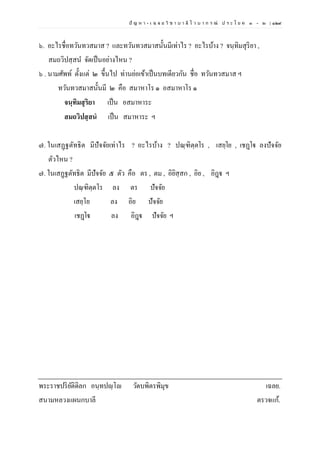 ปั ญ ห า - เ ฉ ล ย วิ ช า บ า ลี ไ ว บ า ก ร ณ์ ป ร ะ โ ย ค ๑ – ๒ | ๑๒๙
๖. อะไรชื่อทวันทวสมาส ? และทวันทวสมาสนั้นมีเท่าไร ? อะไรบ้าง ? จนฺทิมสุริยา ,
สมถวิปสฺสน จัดเป็นอย่างไหน ?
๖ . นามศัพท์ ตั้งแต่ ๒ ขึ้นไป ท่านย่อเข้าเป็นบทเดียวกัน ชื่อ ทวันทวสมาส ฯ
ทวันทวสมาสนั้นมี ๒ คือ สมาหาโร ๑ อสมาหาโร ๑
จนฺทิมสุริยา เป็น อสมาหาระ
สมถวิปสฺสนํ เป็น สมาหาระ ฯ
๗. ในเสฏฺฐตัทธิต มีปัจจัยเท่าไร ? อะไรบ้าง ? ปณฺฑิตฺตโร , เสยฺโย , เชฏฺโฐ ลงปัจจัย
ตัวไหน ?
๗. ในเสฏฺฐตัทธิต มีปัจจัย ๕ ตัว คือ ตร , ตม , อิยิสฺสก , อิย , อิฎฺฐ ฯ
ปณฺฑิตฺตโร ลง ตร ปัจจัย
เสยฺโย ลง อิย ปัจจัย
เชฏฺโฐ ลง อิฎฺฐ ปัจจัย ฯ
พระราชปริยัติดิลก อนฺทปญฺโญ วัดบพิตรพิมุข เฉลย.
สนามหลวงแผนกบาลี ตรวจแก้.
 