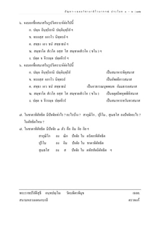 ปั ญ ห า - เ ฉ ล ย วิ ช า บ า ลี ไ ว บ า ก ร ณ์ ป ร ะ โ ย ค ๑ – ๒ | ๑๓๒
๖. จงบอกชื่อสมาสในรูปวิเคราะห์ต่อไปนี้
ก. ปญฺจ อินฺทฺริยานิ ปญฺจินฺทฺริย ฯ
ข. ทรถสฺส อภาโว นิทฺทรถ ฯ
ค. สทฺธา เอว ธน สทฺธาธน ฯ
ฆ. สญฺชาโต สเวโค ยสฺส โส สญฺชาตสเวโค ( ชโน ) ฯ
ง. ปตฺต จ จีวรญฺจ ปตฺตจีวร ฯ
๖. จงบอกชื่อสมาสในรูปวิเคราะห์ต่อไปนี้
ก. ปญฺจ อินฺทฺริยานิ ปญฺจินฺทฺริย เป็นสมาหารทิคุสมาส
ข. ทรถสฺส อภาโว นิทฺทรถ เป็นอัพยยีภาวสมาส
ค. สทฺธา เอว ธน สทฺธาธน เป็นอวธารณบุพพบท กัมมธารยสมาส
ฆ. สญฺชาโต สเวโค ยสฺส โส สญฺชาตสเวโค ( ชโน ) เป็นจตุตถีพหุพพิหิสมาส
ง. ปตฺต จ จีวรญฺจ ปตฺตจีวร เป็นสมาหารทวันทวสมาส
๗. ในชาตาทิตัทธิต มีปัจจัยเท่าไร ? อะไรบ้าง ? สากุณิโก , ปุริโม , สุเมธโส ลงปัจจัยอะไร ?
ในตัทธิตไหน ?
๗. ในชาตาทิตัทธิต มีปัจจัย ๓ ตัว คือ อิม อิย กิย ฯ
สากุณิโก ลง ณิก ปัจจัย ใน ตรัตยาทิตัทธิต
ปุริโม ลง อิม ปัจจัย ใน ชาตาทิตัทธิต
สุเมธโส ลง ส ปัจจัย ใน ตทัสสัตถิตัทธิต ฯ
พระราชปริยัติสุธี อนฺทปญฺโญ วัดบพิตรพิมุข เฉลย.
สนามหลวงแผนกบาลี ตรวจแก้
 