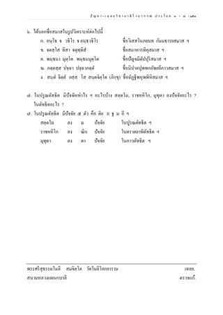 ปั ญ ห า - เ ฉ ล ย วิ ช า บ า ลี ไ ว บ า ก ร ณ์ ป ร ะ โ ย ค ๑ – ๒ | ๑๕๓
๖. ได้บอกชื่อสมาสในรูปวิเคราะห์ต่อไปนี้
ก. อนฺโธ จ วธิโร จ อนฺธวธิโร ชื่อวิเสสโนภยบท กัมมธารยสมาส ฯ
ข. จตสฺโส ทิสา จตุทฺทิส ชื่อสมาหารทิคุสมาส ฯ
ค. พนฺธนา มุตฺโต พนฺธนมุตฺโต ชื่อปัญจมีตัปปุริสมาส ฯ
ฆ. ภตฺตสฺส ปจฺฉา ปจฺฉาภตฺต ชื่อนิปาตปุพพกอัพยยีภาวสมาส ฯ
ง. สนฺต จิตฺต ยสฺส โส สนฺตจิตฺโต (ภิกฺขุ) ชื่อฉัฏฐีพหุพพิหิสมาส ฯ
๗. ในปรูณตัทธิต มีปัจจัยเท่าไร ฯ อะไรบ้าง สตฺตโม, ราชคหิโก, มุทุตา ลงปัจจัยอะไร ?
ในตัทธิตอะไร ?
๗. ในปรูณตัทธิต มีปัจจัย ๕ ตัว คือ ติย ถ ฐ ม อี ฯ
สตฺตโม ลง ม ปัจจัย ในปูรณตัทธิต ฯ
ราชคหิโก ลง ณิก ปัจจัย ในตราตยาทิตัทธิต ฯ
มุทุตา ลง ตา ปัจจัย ในภาวตัทธิต ฯ
พระศรีสุธรรมโมลี สมจิตฺโต วัดโมลีโลกยาราม เฉลย.
สนามหลวงแผนกบาลี ตรวจแก้.
 