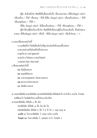 ปั ญ ห า - เ ฉ ล ย วิ ช า บ า ลี ไ ว บ า ก ร ณ์ ป ร ะ โ ย ค ๑ – ๒ | ๑๑
ผู้ทา ทาด้วยสิ่งใด ศัพท์ที่เป็นชื่อของสิ่งนั้น ชื่อกรณสาธนะ ที่เป็นกัตตุรูป แปลว่า
“เป็นเครื่อง..” ก็ได้ “เป็นเหตุ..” ก็ได้ ที่เป็น กัมมรูป แปลว่า “เป็นเครื่องอันเขา...” ก็ได้
“เป็นเหตุอันเขา...” ก็ได้ ฯ
ที่เป็น กัมมรูป แปลว่า “ที่เป็นเครื่องอันเขา...” ก็ได้ “เป็นเหตุอันเขา...” ก็ได้ ฯ
ผู้ทาให้แก่ผู้ใดหรือแก่สิ่งใด ศัพท์ที่เป็นชื่อของผู้นั้นหรือของสิ่งนั้น ชื่อสัมปทาน
สาธนะ ที่เป็นกัตตุรูป แปลว่า “เป็นที่...” ที่เป็น กัมมรูป แปลว่า “เป็นที่ อันเขา...” ฯ
๖.จงบอกชื่อสมาสต่อไปนี้
ก.นามศัพท์มี อ วิภัตติเป็นต้นในที่สุด ท่านย่อเข้าด้วยบทเบื้องปลาย
ข.สมาสอย่างหนึ่งมีบทอื่นเป็นประธาน
ค.พุทฺโธ เอว รตน พุทฺธรตน
ฆ.สมโถ จ วิปสฺสนา จ สมถวิปสฺสน
ง.ภตฺตสฺส ปจฺฉา ปจฺฉาภตฺต
๖.ชื่อสมาสดังต่อไปนี้
(ก) ตัปปุริสสมาส
(ข) พหุพพิหิสมาส
(ค) อวธารณบุพพบท กัมมธารยสมาส
(ฆ) สมาหารทวันทวสมาส
(ง) อัพยยิภาวสมาส
๗. ตรตยาทิตัทธิต ชาตาทิตัทธิต และตทัสสัตถิตัทธิต มีปัจจัยเท่าไร อะไรบ้าง, มาคโธ, โกสลฺล
ลงปัจัยอะไร ในตัทธิตไหน จงตั้งวิเคราะห์มาด้วย
๗.ตรตยาทิตัทธิต มีปัจจัย ๑ คือ ณิก
ชาตทิตัทธิต มีปัจจัย ๓ คือ อิม อิย กิย
ตทัสสัตถิตัทธิต มีปัจจัย ๙ คือ วี ส สี อิก ร วนฺตุ มนฺตุ ณ
มาคโธ ณ ในราคาทิตัทธิต วิ. มคเธ ชาโต มาคโธ
โกสลฺลํ ณฺย ในภาวตัทธิต วิ. กุสลสฺส ภาโว โกสสฺส ฯ
 