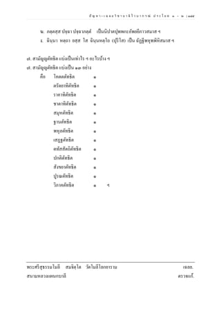 ปั ญ ห า - เ ฉ ล ย วิ ช า บ า ลี ไ ว บ า ก ร ณ์ ป ร ะ โ ย ค ๑ – ๒ | ๑๘๔
ฆ. ภตฺตสฺส ปจฺฉา ปจฺฉาภตฺต เป็นนิปาตปุพพกะอัพยยีภาวสมาส ฯ
ง. ฉินฺนา หตฺถา ยสฺส โส ฉินฺนหตฺโถ (ปุริโส) เป็น ฉัฏฐีพหุพพิหิสมาส ฯ
๗. สามัญญตัทธิต แบ่งเป็นเท่าไร ฯ อะไรบ้าง ฯ
๗. สามัญญตัทธิต แบ่งเป็น ๑๓ อย่าง
คือ โคตตตัทธิต ๑
ตรัตยาทิตัทธิต ๑
ราคาทิตัทธิต ๑
ชาตาทิตัทธิต ๑
สมุหตัทธิต ๑
ฐานตัทธิต ๑
พหุลตัทธิต ๑
เสฏฐตัทธิต ๑
ตทัสสัตถิตัทธิต ๑
ปกติตัทธิต ๑
สังขยาตัทธิต ๑
ปูรณตัทธิต ๑
วิภาคตัทธิต ๑ ฯ
พระศรีสุธรรมโมลี สมจิตฺโต วัดโมลีโลกยาราม เฉลย.
สนามหลวงแผนกบาลี ตรวจแก้.
 