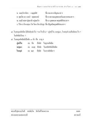 ปั ญ ห า - เ ฉ ล ย วิ ช า บ า ลี ไ ว บ า ก ร ณ์ ป ร ะ โ ย ค ๑ – ๒ | ๑๙๐
ข. จตสฺโส ทิสา = จตุทฺทิส ชื่อ สมาหารทิคุสมาส ฯ
ค. พุทฺโธ เอว รตน = พุทฺธรตน ชื่อ อวธารณบุพพบทกัมมธารยสมาส ฯ
ฆ. นตฺถิ ตสฺส ปุตฺตาติ อปุตฺตโก ชื่อ น บุพพบท พหุพพิหิสมาส ฯ
ง. วีโต ราโค ยสฺมา โส วีตราโค (ภิกฺขุ) ชื่อ ปัญจมีพหุพพิหิสมาส ฯ
๗. ในพหุลตัทธิต มีปัจจัยเท่าไร ? อะไรบ้าง ? ปูชนีโย, จกฺขุมา, โกสลฺล ลงปัจจัยอะไร ?
ในตัทธิตไหน ?
๗. ในพหุลตัทธิตมีปัจจัย ๑ ตัว คือ อาลุ ฯ
ปูชนีโย ลง อีย ปัจจัย ในฐานตัทธิต
จกฺขุมา ลง มนฺตุ ปัจจัย ในตทัสสัตถิตัทธิต
โกสลฺลํ ลง ณฺย ปัจจัย ในภาวตัทธิต ฯ
พระศรีสุธรรมโมลี สมจิตฺโต วัดโมลีโลกยาราม เฉลย.
สนามหลวงแผนกบาลี ตรวจแก้.
 