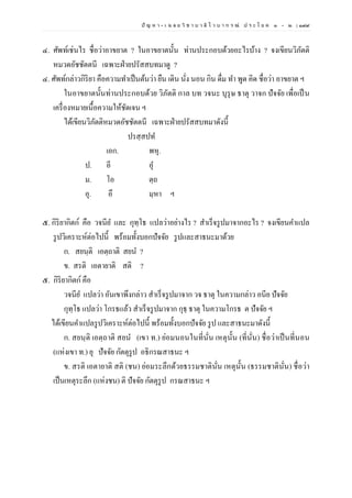 ปั ญ ห า - เ ฉ ล ย วิ ช า บ า ลี ไ ว บ า ก ร ณ์ ป ร ะ โ ย ค ๑ – ๒ | ๑๙๙
๔. ศัพท์เช่นไร ชื่อว่าอาขยาต ? ในอาขยาตนั้น ท่านประกอบด้วยอะไรบ้าง ? จงเขียนวิภัตติ
หมวดอัชชัตตนี เฉพาะฝ่ายปรัสสบทมาดู ?
๔. ศัพท์กล่าวกิริยา คือความทาเป็นต้นว่า ยืน เดิน นั่ง นอน กิน ดื่ม ทา พูด คิด ชื่อว่า อาขยาต ฯ
ในอาขยาตนั้นท่านประกอบด้วย วิภัตติ กาล บท วจนะ บุรุษ ธาตุ วาจก ปัจจัย เพื่อเป็น
เครื่องหมายเนื้อความให้ชัดเจน ฯ
ได้เขียนวิภัตติหมวดอัชชัตตนี เฉพาะฝ่ายปรัสสบทมาดังนี้
ปรสฺสปท
เอก. พหุ.
ป. อี อุ
ม. โอ ตฺถ
อุ. อึ มฺหา ฯ
๕. กิริยากิตก์ คือ วจนีย และ กุทฺโธ แปลว่าอย่างไร ? สาเร็จรูปมาจากอะไร ? จงเขียนคาแปล
รูปวิเคราะห์ต่อไปนี้ พร้อมทั้งบอกปัจจัย รูปและสาธนะมาด้วย
ก. สยนฺติ เอตฺถาติ สยน ?
ข. สรติ เอตายาติ สติ ?
๕. กิริยากิตก์คือ
วจนีย แปลว่า อันเขาพึงกล่าว สาเร็จรูปมาจาก วจ ธาตุ ในความกล่าว อนีย ปัจจัย
กุทฺโธ แปลว่า โกรธแล้ว สาเร็จรูปมาจาก กุธฺ ธาตุ ในความโกรธ ต ปัจจัย ฯ
ได้เขียนคาแปลรูปวิเคราะห์ต่อไปนี้ พร้อมทั้งบอกปัจจัย รูป และสาธนะมาดังนี้
ก. สยนฺติ เอตฺถาติ สยน (เขา ท.) ย่อมนอนในที่นั่น เหตุนั้น (ที่นั่น) ชื่อว่าเป็นที่นอน
(แห่งเขา ท.) ยุ ปัจจัย กัตตุรูป อธิกรณสาธนะ ฯ
ข. สรติ เอตายาติ สติ (ชน) ย่อมระลึกด้วยธรรมชาตินั่น เหตุนั้น (ธรรมชาตินั่น) ชื่อว่า
เป็นเหตุระลึก (แห่งชน) ติ ปัจจัย กัตตุรูป กรณสาธนะ ฯ
 