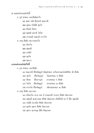 ปั ญ ห า - เ ฉ ล ย วิ ช า บ า ลี ไ ว บ า ก ร ณ์ ป ร ะ โ ย ค ๑ – ๒ | ๒๑
๕. จงตอบคาถามต่อไปนี้
ก. รูป สาธนะ และปัจจัยอะไร
(๑) ธมฺม วทติ สีเลนาติ ธมฺมวาที
(๒) สุเขน ภริยตีติ สุภโร
(๓) สิกฺขน สิกฺขา
(๔) ทุสฺสติ เตนาติ โทโส
(๕) อาวสนฺติ เอตฺถาติ อาวาโส
ข. ธาตุ ปัจจัย และวาจกอะไร
(๑) กริยาโน
(๒) สุณนฺตี
(๓) กรณีน
(๔) ภุตฺโต
(๕) สุตาวา
๕.ตอบคําถามดังต่อไปนี้
ก. รูป สาธนะ และปัจจัย
(๑) ธมฺมวาที เป็นกัตตุรูป กัตตุสาธนะ ลงในอรรณแห่งตัสสีสะ ณี ปัจจัย
(๒) สุภโร เป็นกัมมรูป กัมมสาธนะ ข ปัจจัย
(๓) สิกฺขา เป็นภาวรูป ภาวสาธนะ ก ปัจจัย
(๔) โทโส เป็นกัตตุรูป กรฯสาธนะ ณ ปัจจัย
(๕) อาวาโส เป็นกัตตุรูป อธิกรณสาธนะ ณ ปัจจัย
ข. ธาตุ ปัจจัย และวาจก
(๑) กริยมาโน กรฺ-ย และ อิ อาคมหน้า ย-มาน ปัจจัย กัมมวาจก
(๒) สุณนฺตี สุ-ณา-อนฺต ปัจจัย กัตตุวาจก (อิตถีลิงค์ ลง อี เป็น สุณนฺตี)
(๓) กรณีย กรฺ-อนีย ปัจจัย กัมมวาจก
(๔) ภุตฺโต ภุชฺ-ต ปัจจัย กัมมวาจก
(๕) สุตวา สุ-ตวนฺตุ ปัจัย กัตตุวาจก
 