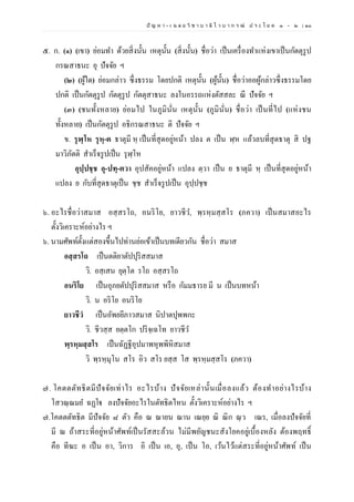 ปั ญ ห า - เ ฉ ล ย วิ ช า บ า ลี ไ ว บ า ก ร ณ์ ป ร ะ โ ย ค ๑ – ๒ | ๓๐
๕. ก. (๑) (เขา) ย่อมทา ด้วยสิ่งนั้น เหตุนั้น (สิ่งนั้น) ชื่อว่า เป็นเครื่องทาแห่งเขาเป็นกัตตุรูป
กรณสาธนะ ยุ ปัจจัย ฯ
(๒) (ผู้ใด) ย่อมกล่าว ซึ่งธรรม โดยปกติ เหตุนั้น (ผู้นั้น) ชื่อว่าออผู้กล่าวซึ่งธรรมโดย
ปกติ เป็นกัตตุรูป กัตตุรูป กัตตุสาธนะ ลงในอรรถแห่งตัสสละ ณี ปัจจัย ฯ
(๓) (ชนทั้งหลาย) ย่อมไป ในภูมินั่น เหตุนั้น (ภูมินั่น) ชื่อว่า เป็นที่ไป (แห่งชน
ทั้งหลาย) เป็นกัตตุรูป อธิกรณสาธนะ ติ ปัจจัย ฯ
ข. รุฬฺโห รุหฺ-ต ธาตุมี หฺ เป็นที่สุดอยู่หน้า ปลง ต เป็น ฬฺห แล้วลบที่สุดธาตุ สิ ปฐ
มาวิภัตติ สาเร็จรูปเป็น รุฬฺโห
อุปฺปชฺช อุ-ปทฺ-ตวา อุปสัคอยู่หน้า แปลง ตฺวา เป็น ย ธาตุมี หฺ เป็นที่สุดอยู่หน้า
แปลง ย กับที่สุดธาตุเป็น ชฺช สาเร็จรูปเป็น อุปฺปชฺช
๖. อะไรชื่อว่าสมาส อสฺสรโถ, อนริโย, ยาวชีว, พฺรหฺมสฺสโร (ภควา) เป็นสมาสอะไร
ตั้งวิเคราะห์อย่างไร ฯ
๖. นามศัพท์ตั้งแต่สองขึ้นไปท่านย่อเข้าเป็นบทเดียวกัน ชื่อว่า สมาส
อสฺสรโถ เป็นตติยาตัปปุริสสมาส
วิ. อสฺเสน ยุตฺโต รโถ อสฺสรโถ
อนริโย เป็นอุภยตัปปุริสสมาส หรือ กัมมธารย มี น เป็นบทหน้า
วิ. น อริโย อนริโย
ยาวชีวํ เป็นอัพยยีภาวสมาส นิปาตปุพพกะ
วิ. ชีวสฺส ยตฺตโก ปริจฺเฉโท ยาวชีว
พฺรหฺมสฺสโร เป็นฉัฏฐีอุปมาพหุพพิหิสมาส
วิ พฺรหฺมุโน สโร อิว สโร ยสฺส โส พฺรหฺมสฺสโร (ภควา)
๗. โคตตตัทธิตมีปัจจัยเท่าไร อะไรบ้าง ปัจจัยเหล่านั้นเมื่อลงแล้ว ต้องทาอย่างไรบ้าง
โสวณฺณมย ฉฏโฐ ลงปัจจัยอะไรในตัทธิตไหน ตั้งวิเคราะห์อย่างไร ฯ
๗.โคตตตัทธิต มีปัจจัย ๘ ตัว คือ ณ ณายน ณาน เณยฺย ณิ ณิก ณฺว เณร, เมื่อลงปัจจัยที่
มี ณ ถ้าสระที่อยู่หน้าศัพท์เป็นรัสสะล้วน ไม่มีพยัญชนะสังโยคอยู่เบื้องหลัง ต้องพฤทธิ์
คือ ทีฆะ อ เป็น อา, วิการ อิ เป็น เอ, อุ, เป็น โอ, เว้นไว้แต่สระที่อยู่หน้าศัพท์ เป็น
 