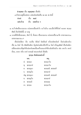 ปั ญ ห า - เ ฉ ล ย วิ ช า บ า ลี ไ ว บ า ก ร ณ์ ป ร ะ โ ย ค ๑ – ๒ | ๓๗
สํ-ลกฺขณา เป็น สลฺลกฺขณา เป็นต้น
๔.ถ้าสระอยู่เบื้องปลาย แปลงนิคคหิตเป็น ม และ ท ดังนี้
ตํ-อหํ เป็น ตมหํ
เอตํ-อโวจ เป็น เอตทโวจ ฯ
๓. อะไรจัดเป็นนามนาม แบ่งออกเป็นเท่าไร อะไรบ้าง และเป็นได้กี่ลิงค์ จงแจก พรฺหฺม
ศัพท์ ด้วยวิภัตติทั้ง ๗ มาดู
๓. นามที่เป็นชื่อของตน, สัตว์ ที่, สิ่งของ เป็นนามนาม แบ่งออกเป็น ๒ คือ สาธารณนาม ๑
อสาธารณนาม ๑ ฯ
เป็นลิงค์เดียว คือ จะเป็น ปลิงค์ อิตถีลิงค์ หรือนปสกลิงค์ ก็อย่างเดียวบ้าง
เป็น ๒ ลิงค์ คือ ศัพท์อันเดียว มีรูปอย่างเดียวเป็นได้ ๒ ลิงค์ หรือมูงศัพท์ เป็นอันเดียว
เปลี่ยนแต่สระที่สุดให้แปลกกันพอเป็นเครื่องหมายให้ต่างลิงค์กันบ้าง เช่น อคาโร อคาร
เรือน, อรหา หรือ อรห อรหนฺตี พระอรหันต์ เป็นต้น
พฺรหฺม ศัพท์แจกอย่างนี้
เอก. พหุ.
ป. พฺรหฺมา พฺรหฺมาโน
ทุ. พฺรหฺมาน พฺรหฺมาโน
ต. พฺรหฺมุนา พฺรหฺเมหิ, พฺรหฺเมภิ
จ. พฺรหฺมุโน พฺรหฺมาน
ปญ. พฺรหฺมุนา พฺรหฺเมหิ, พฺรหฺเมภิ
ฉ. พฺรหฺมุโน พฺรหฺมาน
ส. พฺรหฺมนิ พฺรหฺเมสุ
อา. พฺรหฺเม พฺรหฺมาโน
 