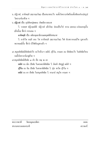 ปั ญ ห า - เ ฉ ล ย วิ ช า บ า ลี ไ ว บ า ก ร ณ์ ป ร ะ โ ย ค ๑ – ๒ | ๓๙
๖. ปฏิวาต, อาหิตคฺคิ (พฺราหฺมโณ) เป็นสมาสอะไร จงตั้งวิเคราะห์พร้อมทั้งเขียนคาแปลรูป
วิเคราะห์มาด้วย ฯ
๖. ปฏิวาตํ เป็น อุปสัคคปุพพกะ อัพยยีภาวสมาส
วิ. วาตสฺส ปฏิวตฺตตีติ ปฏิวาต (สิ่งใด) ย่อมเป็นไป ทวน (ตอบ) แก่ลมเหตุนั้น
(สิ่งนั้น) ชื่อว่า ทวนลม ฯ
อาหิตคฺคิ เป็น ตติยาตุลยาธิกรณพหุพพิหิสสมาส
วิ. อาหิโต อคฺคิ เยน โส อาหิตคฺคิ (พฺราหฺมโณ) ไฟ อันพราหมณ์ใด บูชาแล้ว
พราหมณ์นั้น ชื่อว่า มีไฟอันบูชาแล้ว ฯ
๗. สมุหตัทธิตมีปัจจัยเท่าไร อะไรบ้าง ฯ เตลิก, ปุริโม, คามตา ลง ปัจจัยอะไร ในตัทธิตไหน
จงตั้งวิเคราะห์มาดูด้วย ฯ
๗.สมุหตัทธิตมีปัจจัย ๓ ตัว คือ กณฺ ณ ตา
เตลิกํ ลง ณิก ปัจจัย ในตรตยาทิตัทธิต วิ. ติเลหิ สสฏฺฐ เตลิก ฯ
ปุริโม ลง อิม ปัจจัย ในชาตาทิตัทธิต วิ. ปุเร ชาโต ปุริโม ฯ
เตลิกํ ลง ตา ปัจจัย ในสมุหตัทธิต วิ. คามาน สมุโห คามตา ฯ
พระราชเวที วัดเบญจมบพิตร เฉลย.
สนามหลวงแผนกบาลี ตรวจแก้.
 