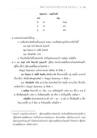ปั ญ ห า - เ ฉ ล ย วิ ช า บ า ลี ไ ว บ า ก ร ณ์ ป ร ะ โ ย ค ๑ – ๒ | ๔๒
วตฺตมานา - อตฺตโนปทํ
เอก. พหุ.
ปฺ เต อนฺเต
ม. เส วฺเห
อุ. เอ มฺเห
๕. จงตอบคาถามต่อไปนี้มาดู
ก. จงเขียนคาแปลพร้อมทั้งบอกรูป สาธนะ และปัจจัยของรูปวิเคราะห์ต่อไปนี้
(๑) ธมฺม จรติ สีเลนาติ ธมฺมจารี
(๒) นิสฺสาย น วสตีติ นิสฺสโย
(๓) วหิตพฺโพติ วาโห
ข. กิริยากิตก์ต่อไปนี้แปลอย่างไร สาเร็จรูปมาจากอะไร อจฺฉิชฺช, อภิชฺฌิโต
๕. ก. (๑) ธมฺมํ จรติ สีเลนาติ ธมฺมจารี1 (ผู้ใด) ย่อมประพฤติซึ่งธรรมโดยปกติเหตุนั้น
(ผู้นั้น) ชื่อว่า ผู้ประพฤติซึ่งธรรมโดยปกติ ฯ
กัตตุรูป กัตตุสาธนะ ลงในอรรถแห่ง ตัสสีสะ ณี ปัจจัย ฯ
(๒) นิสฺสาย นํ วสตีติ นิสฺสโย (ศัพท์) อาศัย ซึ่งอาจารย์นั้น อยู่ เหตุนั้น (อาจารย์
นั้น) ชื่อว่า เป้นที่อาศัยอยู่ของศิษย์ ฯ กัตตุรูป กัมมสาธนะ อ ปัจจัย ฯ
(๓) วหิตพฺโพติ วาโห (ภาระใด) อันเขาพึงนาไป เหตุนั้น (ภาระนั้น) ชื่อว่าอัน
เขาพึงนาไป ฯ กัมมรูป กัมมสาธนะ ณ ปัจจัย ฯ
ข. อจฺฉิชฺช ชิงเอาแล้ว อา + ฉิทฺ + ตฺวา อุปสัคอยู่หน้า แปลง ตฺวา เป็น ย ธาตุ มี
ทฺ เป็นที่สุดอยู่หน้า แปลง ย กับที่สุดธาตุเป็น ชฺช ซ้อน จ สาเร็จรูปเป็น อจฺฉิชฺช ฯ
อภิชฺฌิโต อันเขาเพ่งจาเพราะแล้ว อภิ + ฌา + ต ธุมี อา เป็นที่สุดก็ดี ต เป็น
กัมมวาจกก็ดี ลง อิ ซ้อน ชฺ สาเร็จรูปเป็น อภิชฺฌิโต ฯ
๑
ธมฺมจารี ตามรูปวิเคราะห์แปลว่า “ผู้ประพฤติซึ่งธรรมโดยปกติ” นักเรียนผู้ไม่สังเกตมักแปลเป็นว่า
“ผู้มีปกติประพฤติซึ่งธรรม” อันเป็นสานวนแปลโดยอรรถ จัดว่าแปลผิด แม้รูปวิเคราะหห์ว่า “ธมฺม
จริตุ สลมสฺสาติ ธมฺมจารี” ก็เหมือนกัน ต้องแปลว่า “ผู้ประพฤติซึ่งธรรมโดยปกติ” มิใช่แปลว่า “ผู้มีปกติ
ประพฤติซึ่งธรรม” ดังที่กล่าวแล้ว ฯ
 