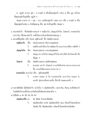 ปั ญ ห า - เ ฉ ล ย วิ ช า บ า ลี ไ ว บ า ก ร ณ์ ป ร ะ โ ย ค ๑ – ๒ | ๗๙
ข. ตุฏฺโฐ มาจาก ตุสฺ + ต ธาตุมี ส เป็นที่สุดอยู่หน้า แปลง ต เป็น ฏฺฐ แล้วลบ
ที่สุดธาตุสาเร็จรูปเป็น ตุฏฺโฐ ฯ
ปมชฺช มาจาก ป + มทฺ + ตฺวา อุปสัคอยู่หน้า แปลง ตฺวา เป็น ย ธาตุมี ท เป็น
ที่สุดอยู่หน้าแปลง ย กับที่สุดธาตุ เป็น ชฺช สาเร็จรูปเป็น ปมชฺช ฯ
๖. สมาสเช่นไร ชื่ออัพยยีภาวสมาส ฯ ขตฺติมาโน, ปญฺญาปโชโต, นิทฺทรถ, อาคตสมโณ
(อาราโม) เป็นสมาสอะไร จงตั้งวิเคราะห์และเขียนคาแปลมาดู ฯ
๖. สมาสที่มีอุปสัค หรือ นิบาต อยู่ข้างหน้า ชื่อ อัพยยีภาวสมาส
ขตฺติยมาโน เป็น กัมมธารยสมาส สัมภาวนบุพพบท
วิ. ขตฺติโย (อห) อิติ มาโน ขตฺติยมาโน มานะว่า (เราเป็น) กษัตริย์ ฯ
ปญฺญาโชโต เป็น กัมมธารยสมาส อวธารณบุพพบท
วิ. ปญฺญา เอว ปโชโต ปญฺญาปโชโต (ประทีป) อันโพลงทั่ว คือ
ปัญญา ฯ
นิทฺทรถํ เป็น อัพยยีภาวสมาส อุปสัคคปุพพกะ
วิ. ทรถสฺส อภาโว นิทฺทรถ ความไม่มีแห่งความกระวนกระวาย
ชื่อ ความไม่มีความกระวนกระวาย ฯ
อาคตสมโณ (อาราโม) เป็น ทุติยาพหุพพิหิ
วิ. อาคตา สมณา ย โส อาคตสมโณ (อาราโม) สมณะ ท.
มาแล้ว สู่อารามใดอารามนั้น ชื่อว่ามี สมณะมาแล้ว ฯ
๗. ชาตาทิตัทธิต มีปัจจัยเท่าไร อะไรบ้าง ฯ ปณฺฑิตชาติโย, เวยากรโณ, สีตาลุ ลงปัจจัยอะไร
ในตัทธิตไหนจงตั้งวิเคราะห์พร้อมทั้งเขียนคาแปลมาด้วย ฯ
๗. มีปัจจัย ๓ ตัว คือ อิม อิย กิย
ปณฺฑิตชาติโย ลง อิย ปัจจัย ในชาตาทิตัทธิต
วิ. ปณฺฑิตชาติยา ชาโต ปณฺฑิตชาติโย (ชน) เกิดแล้วโดยชาติแห่ง
บัณฑิต ชื่อ ปัณฑิตชาติยะ (เกิดแล้วโดยชาติแห่งบัณฑิต)
 