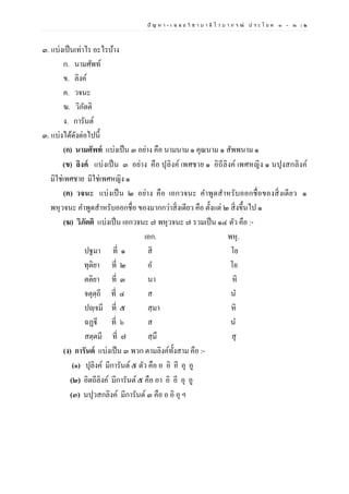 ปั ญ ห า - เ ฉ ล ย วิ ช า บ า ลี ไ ว บ า ก ร ณ์ ป ร ะ โ ย ค ๑ – ๒ | ๒
๓. แบ่งเป็นเท่าไร อะไรบ้าง
ก. นามศัพท์
ข. ลิงค์
ค. วจนะ
ฆ. วิภัตติ
ง. การันต์
๓. แบ่งได้ดังต่อไปนี้
(ก) นามศัพท์ แบ่งเป็น ๓ อย่าง คือ นามนาม ๑ คุณนาม ๑ สัพพนาม ๑
(ข) ลิงค์ แบ่งเป็น ๓ อย่าง คือ ปุลิงค์ เพศชาย ๑ อิถีลิงค์ เพศหญิง ๑ นปุงสกลิงค์
มิใช่เพศชาย มิใช่เพศหญิง ๑
(ค) วจนะ แบ่งเป็น ๒ อย่าง คือ เอกวจนะ คาพูดสาหรับออกชื่อของสิ่งเดียว ๑
พหุวจนะ คาพูดสาหรับออกชื่อ ของมากกว่าสิ่งเดียว คือ ตั้งแต่ ๒ สิ่งขึ้นไป ๑
(ฆ) วิภัตติ แบ่งเป็น เอกวจนะ ๗ พหุวจนะ ๗ รวมเป็น ๑๔ ตัว คือ :-
เอก. พหุ.
ปฐมา ที่ ๑ สิ โย
ทุติยา ที่ ๒ อ โย
ตติยา ที่ ๓ นา หิ
จตุตฺถี ที่ ๔ ส น
ปญฺจมี ที่ ๕ สฺมา หิ
ฉฏฐี ที่ ๖ ส น
สตฺตมี ที่ ๗ สฺมึ สุ
(ง) การันต์ แบ่งเป็น ๓ พวก ตามลิงค์ทั้งสาม คือ :-
(๑) ปุลิงค์ มีการันต์ ๕ ตัว คือ อ อิ อี อุ อู
(๒) อิตถีลิงค์ มีการันต์ ๕ คือ อา อิ อี อุ อู
(๓) นปุวสกลิงค์ มีการันต์ ๓ คือ อ อิ อุ ฯ
 