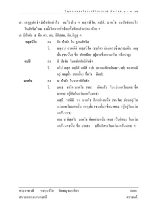 ปั ญ ห า - เ ฉ ล ย วิ ช า บ า ลี ไ ว บ า ก ร ณ์ ป ร ะ โ ย ค ๑ – ๒ | ๘๔
๗. เสฏฐตัทธิตมีปัจจัยเท่าไร อะไรบ้าง ฯ ทสฺสนีโย, ตปสี, มาคโธ ลงปัจจัยอะไร
ในตัทธิตไหน จงตั้งวิเคราะห์พร้อมทั้งเขียนคาแปลมาด้วย ฯ
๗. มีปัจจัย ๕ คือ ตร, ตม, อิยิสฺสก, อิย, อิฏฺฐ ฯ
ทสฺสนีโย ลง อีย ปัจจัย ใน ฐานตัทธิต
วิ. ทสฺสน อรหตีติ ทสฺสนีโย (ชนใด) ย่อมควรซึ่งความเห็น เหตุ
นั้น (ชนนั้น) ชื่อ ทัสสนียะ (ผู้ควรซึ่งความเห็น หรือน่าดู)
ตปสี ลง สี ปัจจัย ในตทัสสัตถิตัทธิต
วิ. ตโป อสฺส อตฺถีติ ตปสี ตปะ (ความเพียรอันเผาบาป) ของชนมี
อยู่ เหตุนั้น (ชนนั้น) ชื่อว่า มีตปะ
มาคโธ ลง ณ ปัจจัย ในราคาทิตัทธิต
วิ. มคเธ ชาโต มาคโธ (ชน) เกิดแล้ว ในแว่นแคว้นมคธ ชื่อ
มาคธะ (ผู้เกิดในแว่นแคว้นมคธ)
ตสฺมึ วสตีติ วา มาคโธ อีกอย่างหนึ่ง (ชนใด) ย่อมอยู่ ใน
แว่นแคว้นมคธนั้น เหตุนั้น (ชนนั้น) ชื่อมาคธะ (ผู้อยู่ในแว่น
แคว้นมคธ)
ตตฺร วา อิสฺสโร มาคโธ อีกอย่างหนึ่ง (ชน) เป็นอิสระ ในแว่น
แคว้นมคธนั้น ชื่อ มาคธะ (เป็นอิสระในแว่นแคว้นมคธ) ฯ
พระราชเวที พฺรหฺมวโส วัดเบญจมบพิตร เฉลย.
สนามหลวงแผนกบาลี ตรวจแก้.
 