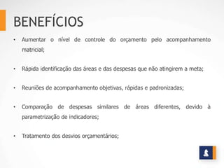 BENEFÍCIOS
•   Aumentar o nível de controle do orçamento pelo acompanhamento
    matricial;


•   Rápida identificação das áreas e das despesas que não atingirem a meta;


•   Reuniões de acompanhamento objetivas, rápidas e padronizadas;


•   Comparação de despesas similares de áreas diferentes, devido à
    parametrização de indicadores;


•   Tratamento dos desvios orçamentários;
 
