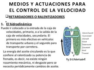 MEDIOS Y ACTUACIONES PARA
      EL CONTROL DE LA VELOCIDAD
   q RETARDADORES O RALENTIZADORES
   •
1. El hidrodinámico
Puede ir colocado a la entrada de la caja de
   velocidades, primario, o a la salida de la
   caja de velocidades, secundario. El
   primero es más efectivo en vehículos
   de transporte urbano y el segundo para
   transporte por carretera.
 La energía del aceite circulando es la que
 confiere al ralentizado su potencia de
 frenado, es decir, no existe ningún
 rozamiento mecánico, ni desgaste pero se
 necesita periódicamente cambios de aceite.
 