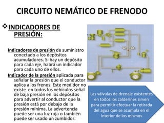 CIRCUITO NEMÁTICO DE FRENODO
vINDICADORES DE
   PRESIÓN:

 Indicadores de presión de suministro
    conectado a los depósitos
    acumuladores. Si hay un depósito
    para cada eje, habrá un indicador
    para cada uno de ellos.
 Indicador de la presión aplicada para
    señalar la presión que el conductor
    aplica a los frenos. Este medidor no
    existe en todos los vehículos señal
    de baja presión en los depósitos     Las válvulas de drenaje existentes
    para advertir al conductor que la      en todos los calderines sirven
    presión está por debajo de la        para permitir efectuar la retirada
    presión mínima. La advertencia         del agua que se acumula en el
    puede ser una luz roja o también           interior de los mismos
    puede ser usado un zumbidor.
 