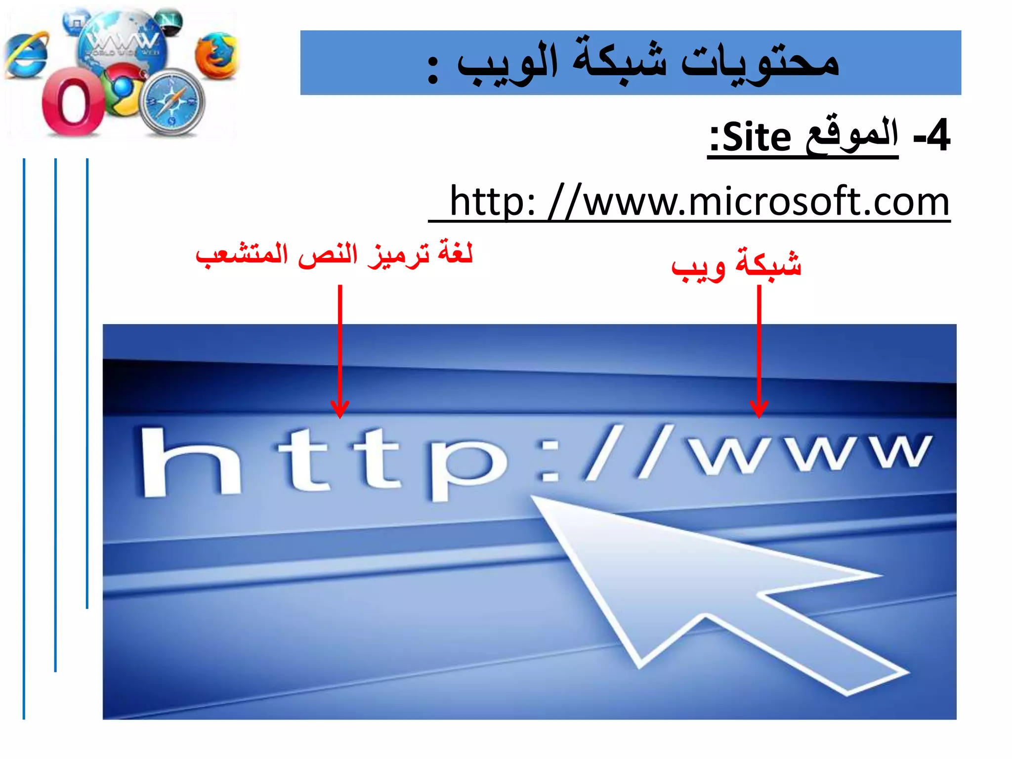 4-‫الموقع‬Site:
http: //www.microsoft.com
‫المتشعب‬ ‫النص‬ ‫ترميز‬ ‫لغة‬ ‫ويب‬ ‫شبكة‬
‫الويب‬ ‫شبكة‬ ‫محتويات‬:
 