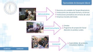 Condiciones Justificación
Administrativo
Servicios y/o unidades de Terapia Respiratoria.
Instituciones de educación formal y no formal.
Instituciones prestadoras de servicios de salud.
Empresas Sociales del Estado
Umatas
Programas de proyección Social
Atención en predios rurales.
Especialistas de producto,
Visitadores médicos.
Social Comunitario
Comercial
 