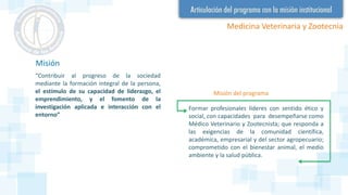 Formar profesionales líderes con sentido ético y
social, con capacidades para desempeñarse como
Médico Veterinario y Zootecnista; que responda a
las exigencias de la comunidad científica,
académica, empresarial y del sector agropecuario;
comprometido con el bienestar animal, el medio
ambiente y la salud pública.
“Contribuir al progreso de la sociedad
mediante la formación integral de la persona,
el estímulo de su capacidad de liderazgo, el
emprendimiento, y el fomento de la
investigación aplicada e interacción con el
entorno”
Misión
Misión del programa
Medicina Veterinaria y Zootecnia
 