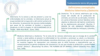 Definiciones conceptuales
Medicina Veterinaria y Zootecnia
Veterinaria: Es la ciencia y arte de prevenir y curar las
enfermedades de los animales. La Veterinaria actual se
ocupa también de la inspección y del control sanitario de
los alimentos, la prevención de zoonosis (enfermedades
que pasan de los animales al hombre y viceversa).
(Anderson, A; Hill, K y Kaplan, H. LOS GUARDIANES DE LA
TIERRA. ABYA-YALA MLAL ; Quito, 1992).
Zootecnia: “Es la ciencia veterinaria que se
ocupa del estudio de la producción de
animales, así como de sus derivados, teniendo
en cuenta el bienestar animal; fijándose como
objetivo la obtención del óptimo rendimiento
de las explotaciones pecuarias”. (Burcher, P.
ORIGEN DE LOS ANIMALES DOMÉSTICOS.
Editorial Universidad de Antioquia; Colombia,
1996).
Medicina Veterinaria y Zootecnia: “Es la rama de las ciencias veterinarias que se encarga de la sanidad
animal y salud pública al prevenir la enfermedad en los animales y promover su salud y su bienestar;
permitiendo que el riesgo de enfermedades zoonóticas disminuya, y que los animales con los que vivimos
en nuestros hogares no representen una amenaza para la salud humana y especialmente que su
comportamiento no genere problemas de convivencia a la vez que estudia la producción y productividad
animal”. (Orlans,F ; Beauchamp,T & others. THE HUMAN USE OF ANIMALS. Oxford University Press; New
York, 1998).
 