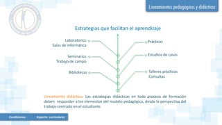 Lineamiento didáctico: Las estrategias didácticas en todo proceso de formación
deben responder a los elementos del modelo pedagógico, desde la perspectiva del
trabajo centrado en el estudiante.
Estrategias que facilitan el aprendizaje
Talleres prácticos
Consultas
Estudios de casos
PrácticasLaboratorios
Salas de informática
Seminarios
Trabajo de campo
Bibliotecas
Condiciones Aspecto curriculares
 