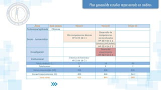 Área Sub áreas Nivel I Nivel II Nivel III
Profesional aplicada Clínicas
Socio - humanística
Dllo competencias básicas
HP 32 HI 16 C 1
Desarrollo de
competencias
socioculturales
HP 32 HI 16 C 1
Constitución política
HP 32 HI 26 C 1
Investigación
Teoría del
conocimiento
HP 32 HI 16 C 1
Institucional
Electiva de bienestar
HP 32 HI 16 C 1
Total créditos ( C ) 17 18 20
Total cursos 8 9 7
Horas presenciales (HP) 416 416 416
Horas independientes (HI) 400 448 544
Total horas 816 864 960
 