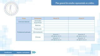 Condiciones Aspecto curriculares
Área Subareas Nivel IX Nivel X
Ciencias básicas
Generales
Especificas
Profesional aplicada
Medicas
Producción
Administración
Clínicas
Rotación I
HP 360 HI 72 C 9
Rotación III
HP 360 HI 72 C 9
Rotación II
HP 360 HI 72 C 9
Rotación IV
HP 360 HI 72 C 9
 