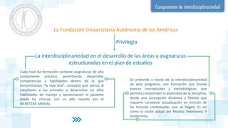 Privilegia
Cada nivel de formación contiene asignaturas de alto
componente práctico, permitiendo desarrollar
competencias y habilidades dentro de lo que
denominamos “la vida real”, concepto que acerca al
estudiante a los animales y desarrollan en ellos
habilidades de manejo y aproximación al paciente
desde las clínicas, con un alto respeto por el
BIENESTAR ANIMAL.
Se pretende a través de la interdisciplinariedad
de este programa, una formación que brinde
marcos conceptuales y metodológicos, que
permita comprender la diversidad de la disciplina,
desde una concepción dinámica y flexible que
requiere constante actualización en función de
las lecturas contextuales que se hagan. Es así
como la visión actual del Médico Veterinario Y
Zootecnista.
La interdisciplinariedad en el desarrollo de las áreas y asignaturas
estructuradas en el plan de estudios
La Fundación Universitaria Autónoma de las Américas
 