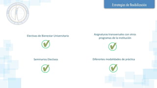 Asignaturas transversales con otros
programas de la institución
Diferentes modalidades de práctica
Electivas de Bienestar Universitario
Seminarios Electivos
 