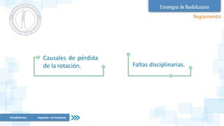 Reglamento
Causales de pérdida
de la rotación. Faltas disciplinarias.
Condiciones Aspecto curriculares
 