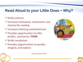 Read Aloud to your Little Ones ~ Why?
 Builds schema
 Increases motivation, excitement, and
stamina for reading
 Increases listening comprehension
 Provides opportunities to infer,
predict, summarize, THINK
 Builds vocabulary
 Provides opportunities to wonder,
imagine, and explore
...just to name a few...

 