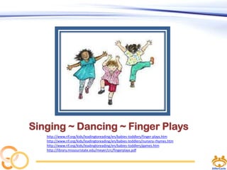 Singing ~ Dancing ~ Finger Plays
http://www.rif.org/kids/leadingtoreading/en/babies-toddlers/finger-plays.htm
http://www.rif.org/kids/leadingtoreading/en/babies-toddlers/nursery-rhymes.htm
http://www.rif.org/kids/leadingtoreading/en/babies-toddlers/games.htm
http://library.missouristate.edu/meyer/crc/fingerplays.pdf

 