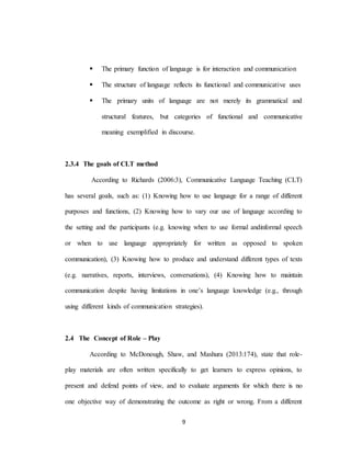 9
 The primary function of language is for interaction and communication
 The structure of language reflects its functional and communicative uses
 The primary units of language are not merely its grammatical and
structural features, but categories of functional and communicative
meaning exemplified in discourse.
2.3.4 The goals of CLT method
According to Richards (2006:3), Communicative Language Teaching (CLT)
has several goals, such as: (1) Knowing how to use language for a range of different
purposes and functions, (2) Knowing how to vary our use of language according to
the setting and the participants (e.g. knowing when to use formal andinformal speech
or when to use language appropriately for written as opposed to spoken
communication), (3) Knowing how to produce and understand different types of texts
(e.g. narratives, reports, interviews, conversations), (4) Knowing how to maintain
communication despite having limitations in one’s language knowledge (e.g., through
using different kinds of communication strategies).
2.4 The Concept of Role – Play
According to McDonough, Shaw, and Mashura (2013:174), state that role-
play materials are often written specifically to get learners to express opinions, to
present and defend points of view, and to evaluate arguments for which there is no
one objective way of demonstrating the outcome as right or wrong. From a different
 