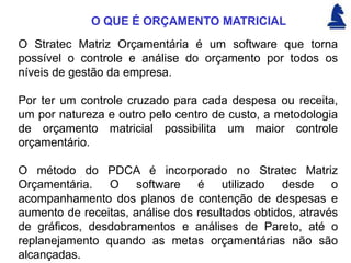 O QUE É ORÇAMENTO MATRICIAL
O Stratec Matriz Orçamentária é um software que torna
possível o controle e análise do orçamento por todos os
níveis de gestão da empresa.

Por ter um controle cruzado para cada despesa ou receita,
um por natureza e outro pelo centro de custo, a metodologia
de orçamento matricial possibilita um maior controle
orçamentário.

O método do PDCA é incorporado no Stratec Matriz
Orçamentária. O software é utilizado desde o
acompanhamento dos planos de contenção de despesas e
aumento de receitas, análise dos resultados obtidos, através
de gráficos, desdobramentos e análises de Pareto, até o
replanejamento quando as metas orçamentárias não são
alcançadas.
 