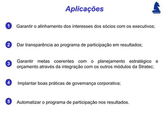 Aplicações

1   Garantir o alinhamento dos interesses dos sócios com os executivos;



2   Dar transparência ao programa de participação em resultados;


    Garantir metas coerentes com o planejamento estratégico e
3
    orçamento através da integração com os outros módulos da Stratec;


4   Implantar boas práticas de governança corporativa;



5   Automatizar o programa de participação nos resultados.
 